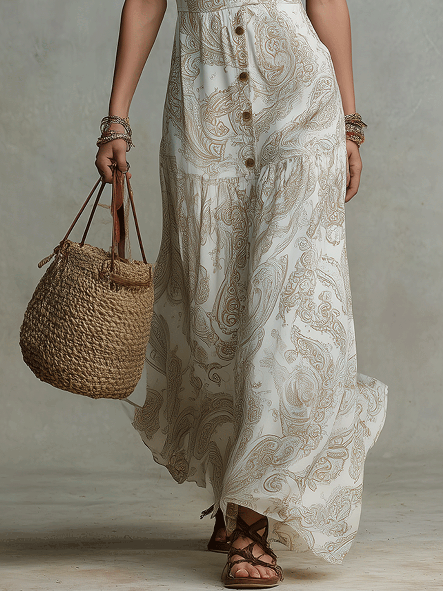 Elegant Ivory Paisley Button-Front Boho Maxi Dress