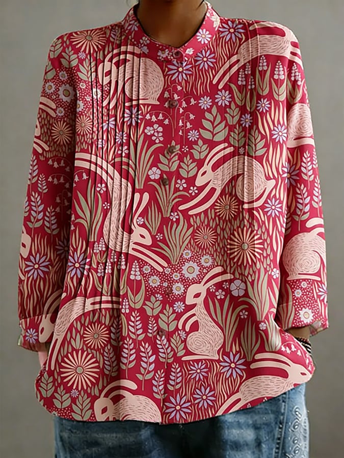 Women's Vintage Easter Print Pleated Design Shirt