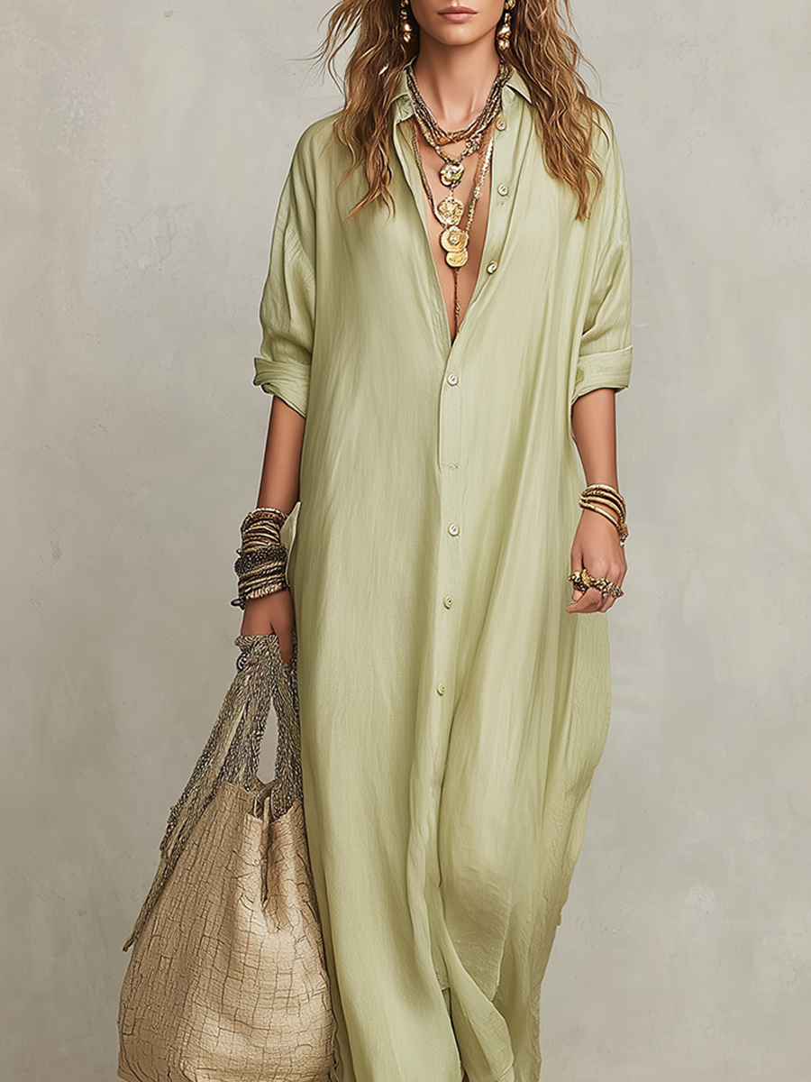 Casual Bohemian Button Down Long Shirt Dress