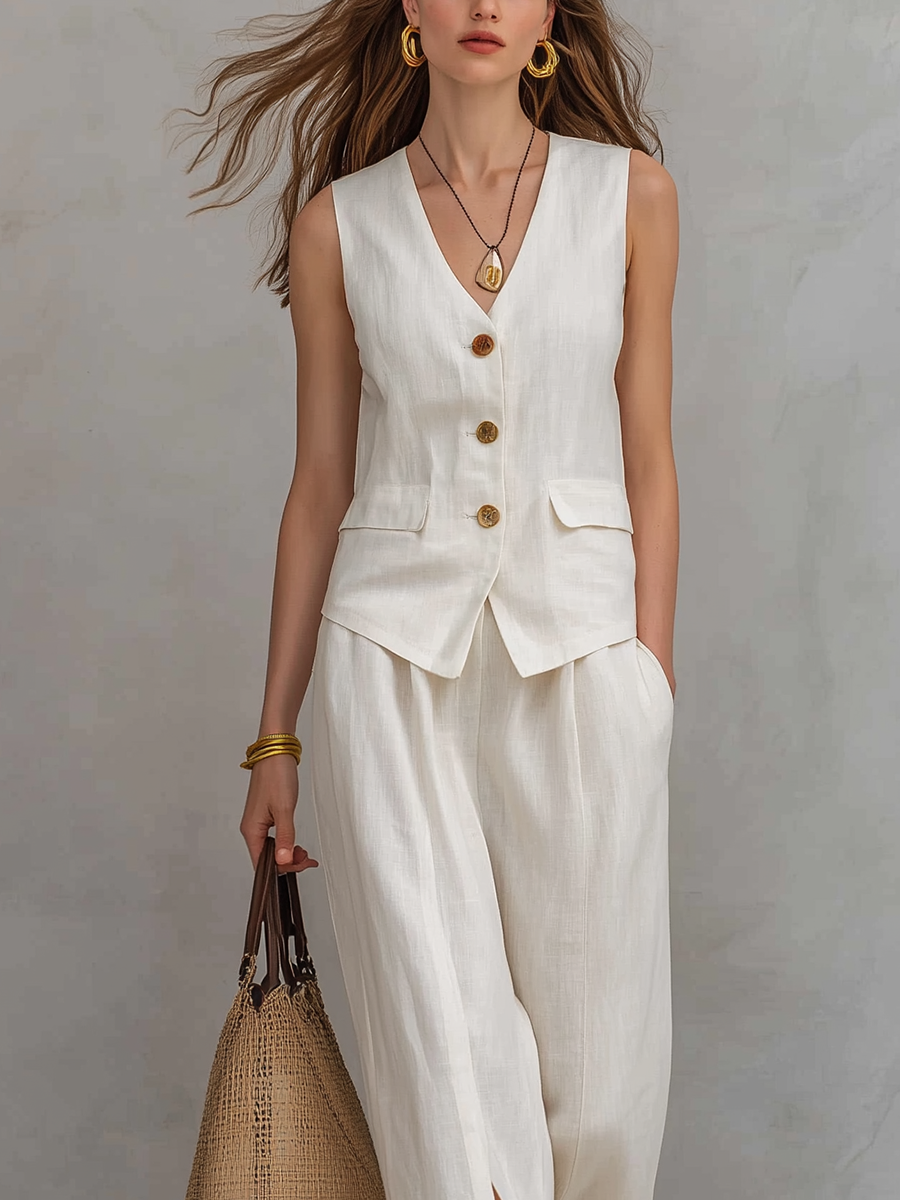 Elegant Button Down Linen Vest And Trousers Set
