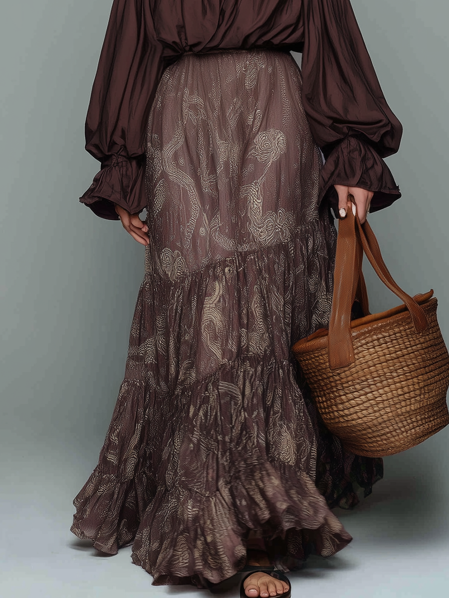 Boho Off-Shoulder Puff-Sleeve Top & Printed Ruffled Maxi Skirt Set