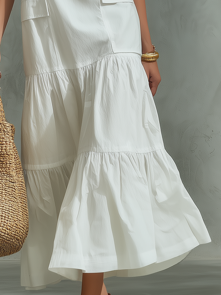 Crisp Stand Collar Half-Zip Tiered Maxi Dress
