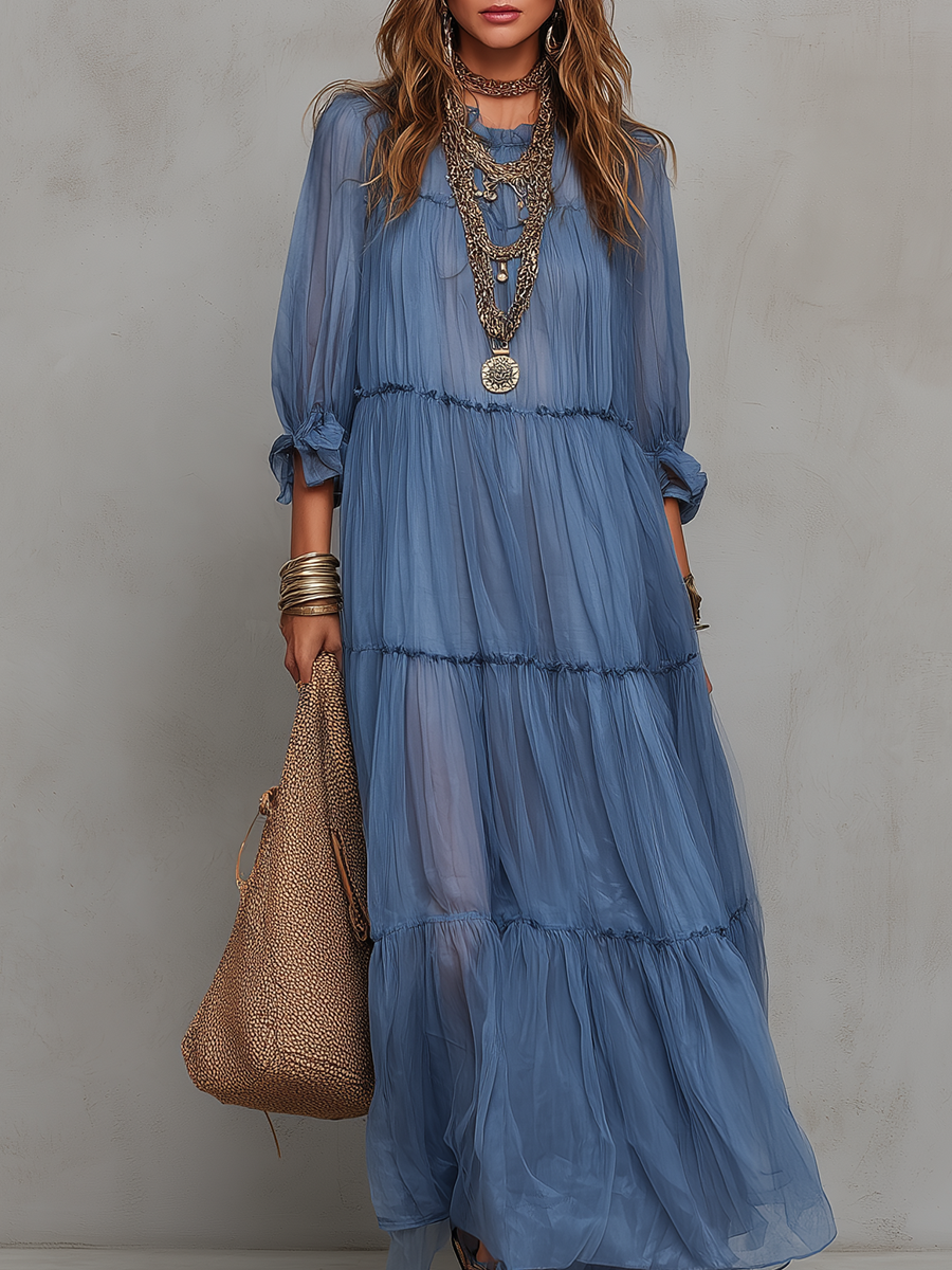 Romantic Tiered Chiffon Boho Maxi Dress