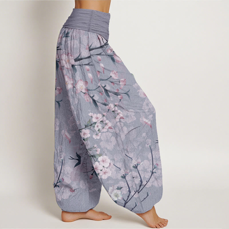 Pure Cotton Peach Blossoms Flying Geese Pattern Women's Elastic Waist Harem Pants