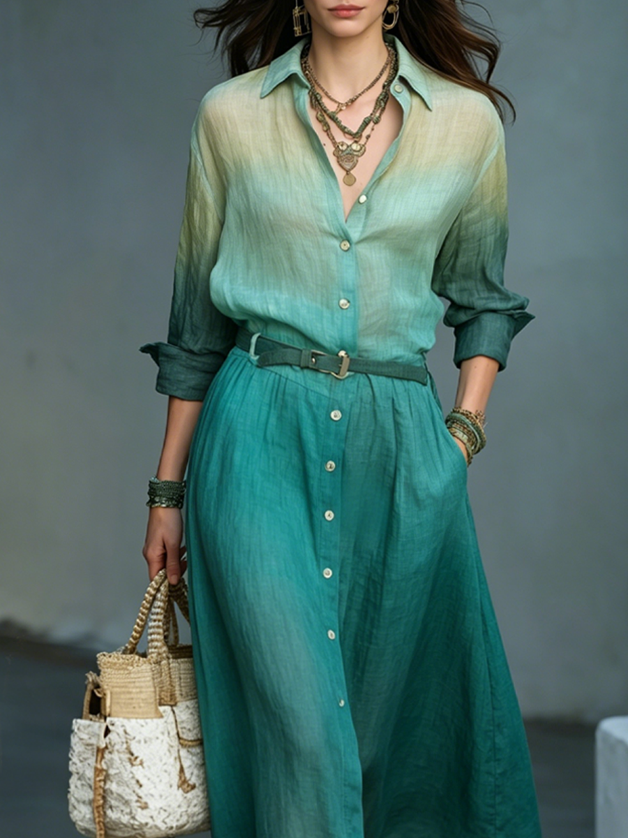 Bohemian Teal Ombre Shirt Midi Dress