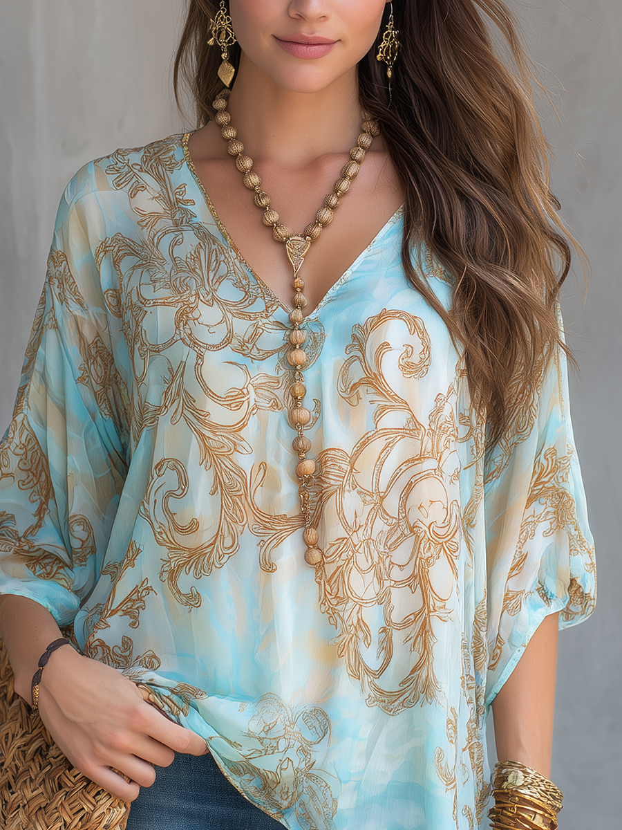 Resort Style Light Blue Baroque Print T-shirt