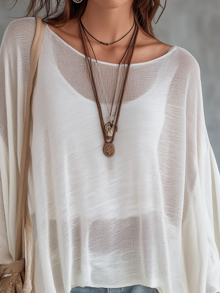 Effortless Bohemian Ivory Gauze Knit Top
