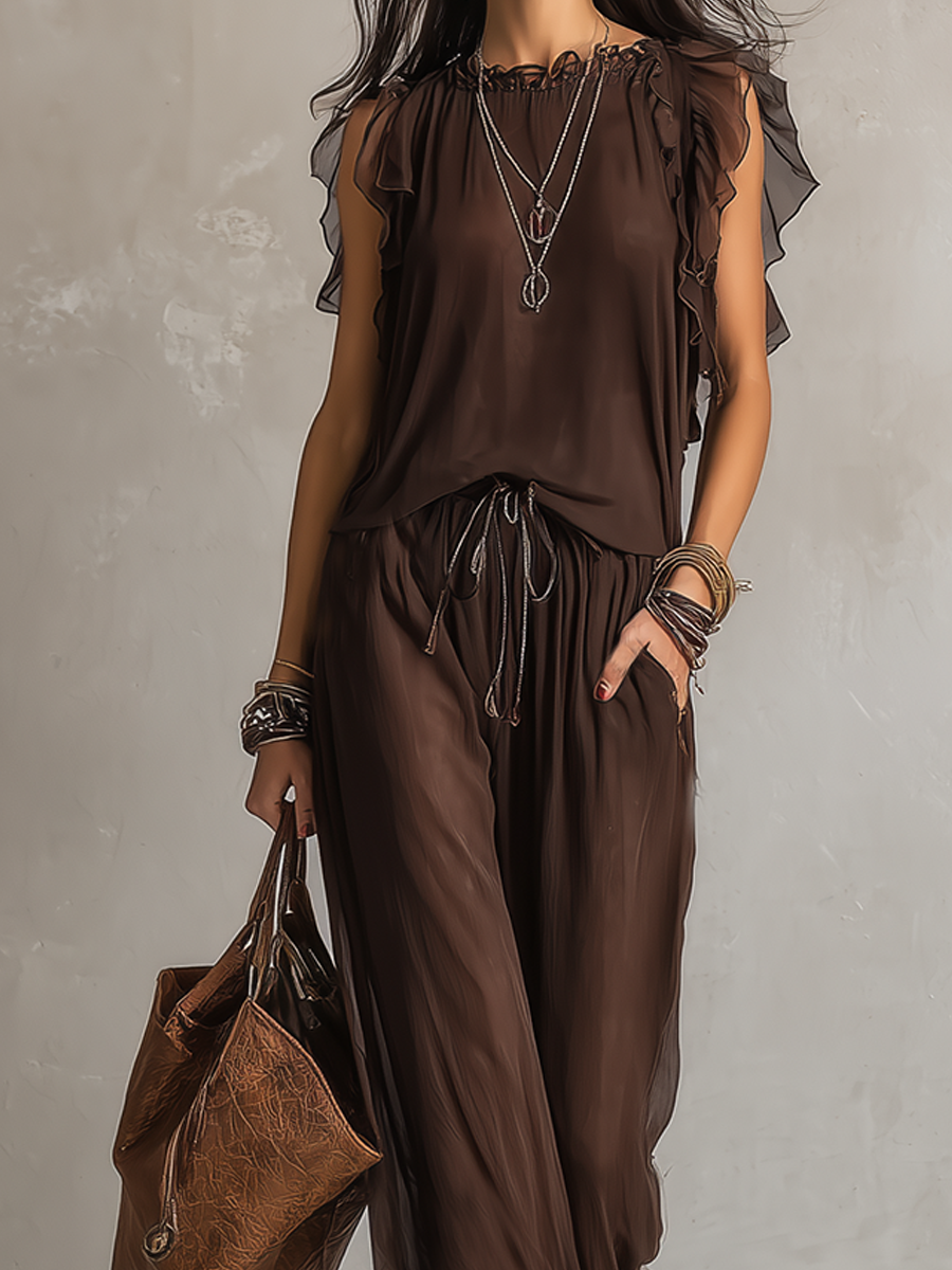 Bohemian Cocoa Colored Tulle Ruffled Suit