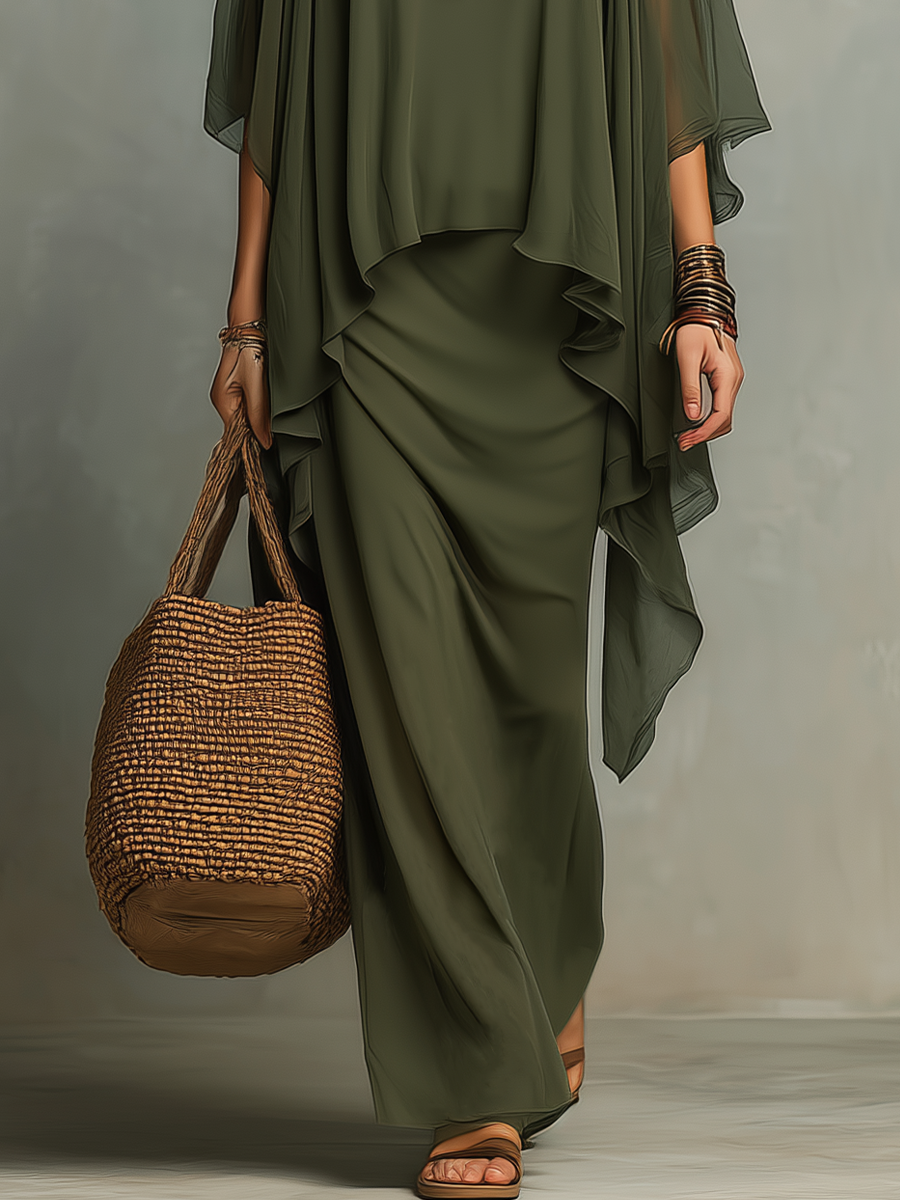 Sophisticated Olive Layered Maxi Dress Set