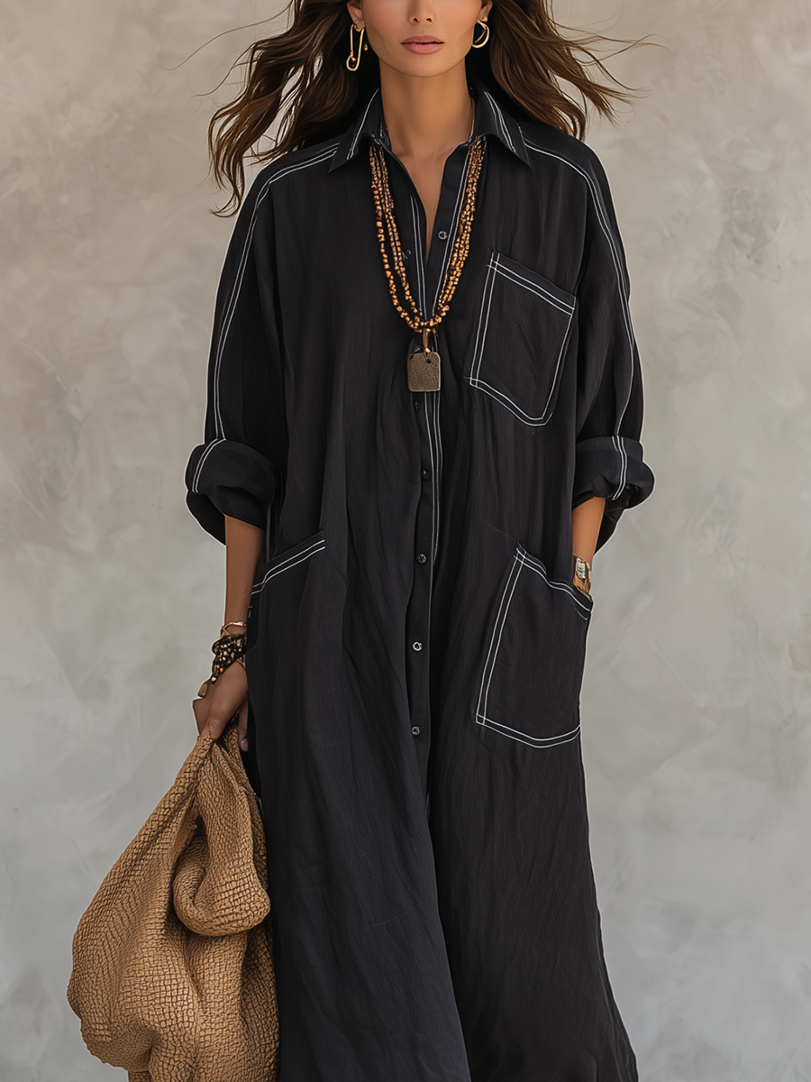 Relaxed Black Contrast Stitch Shirt Dress
