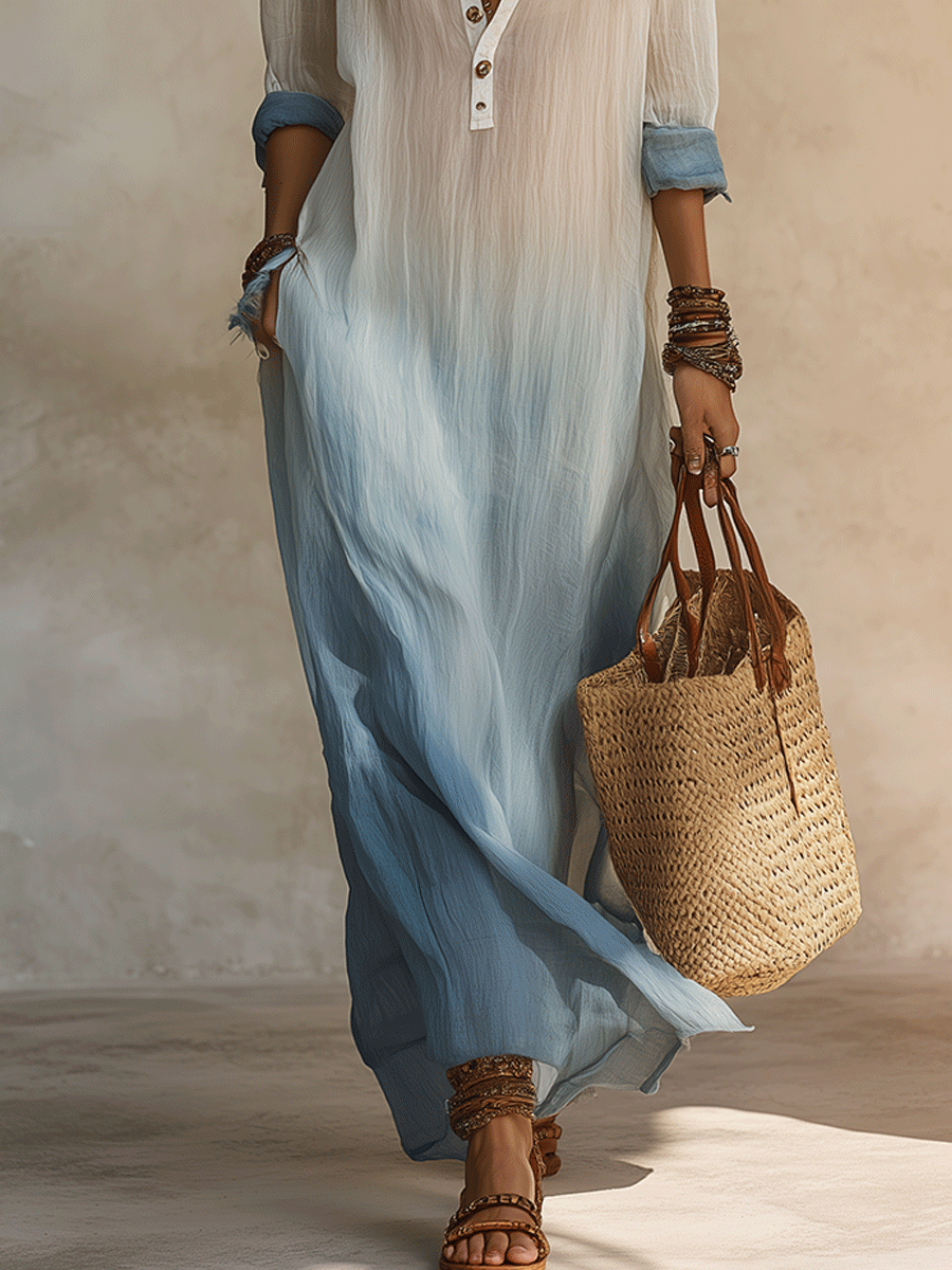 Boho Ombre Henley Neck Relaxed Fit Flowy Maxi Dress
