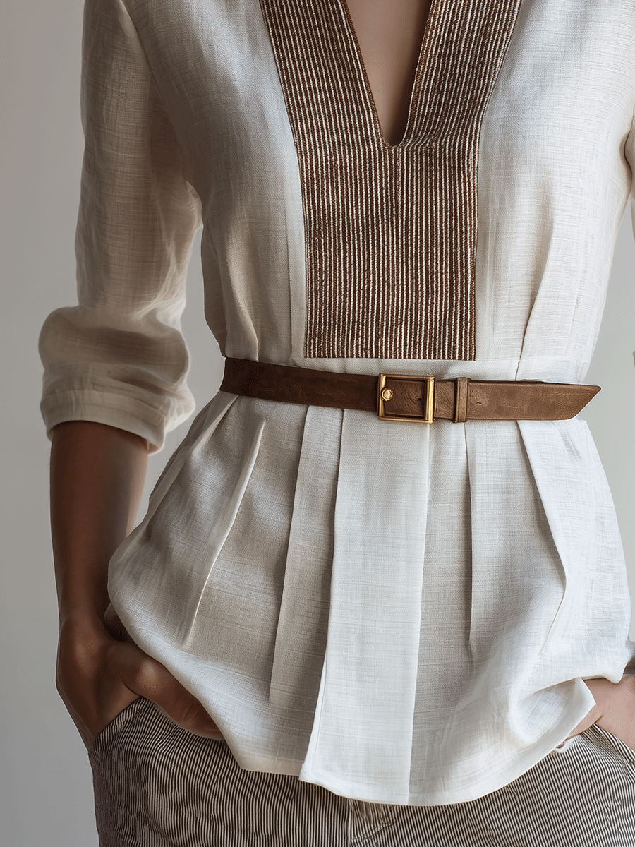 Embellished V-Neck Pleated Waist Relaxed Fit Linen Blouse