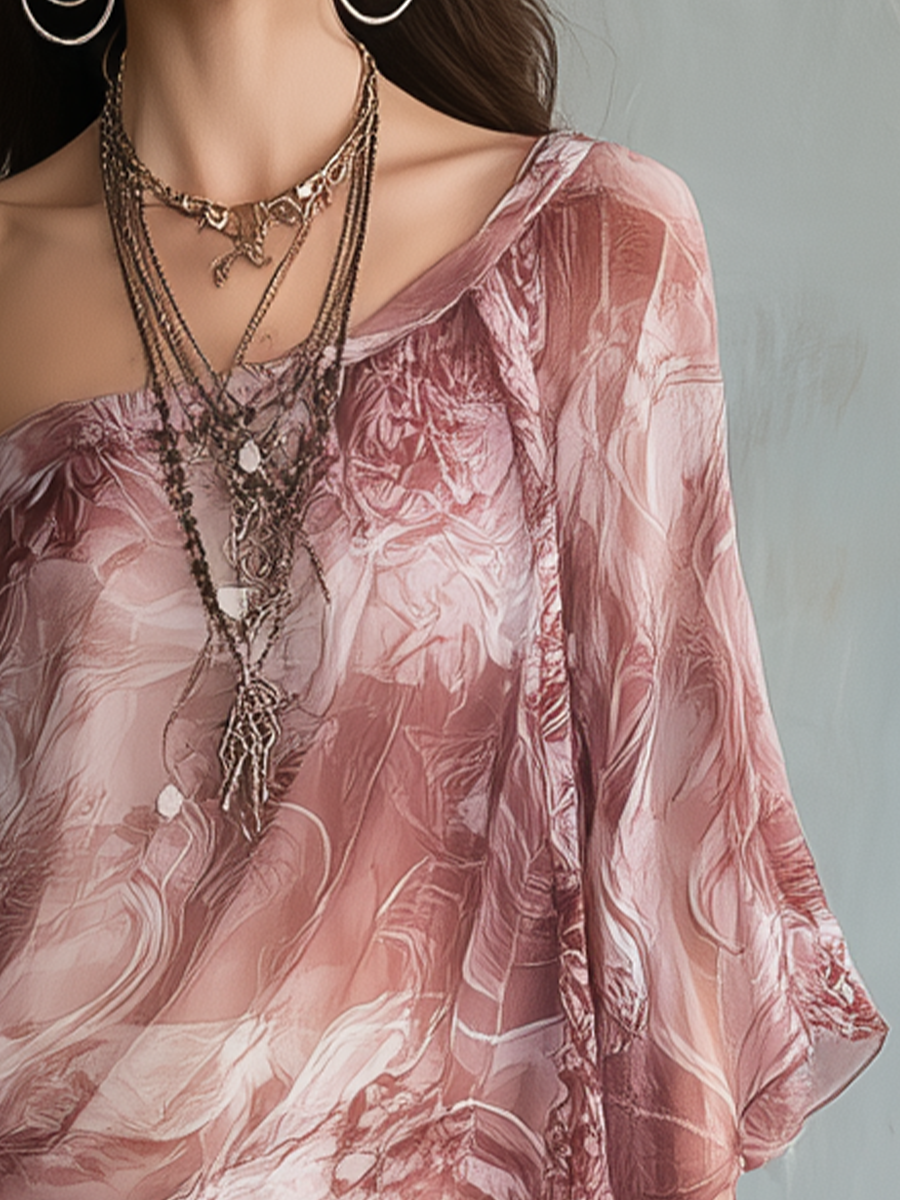 Graceful Rose Marble Print Off-Shoulder Blouse
