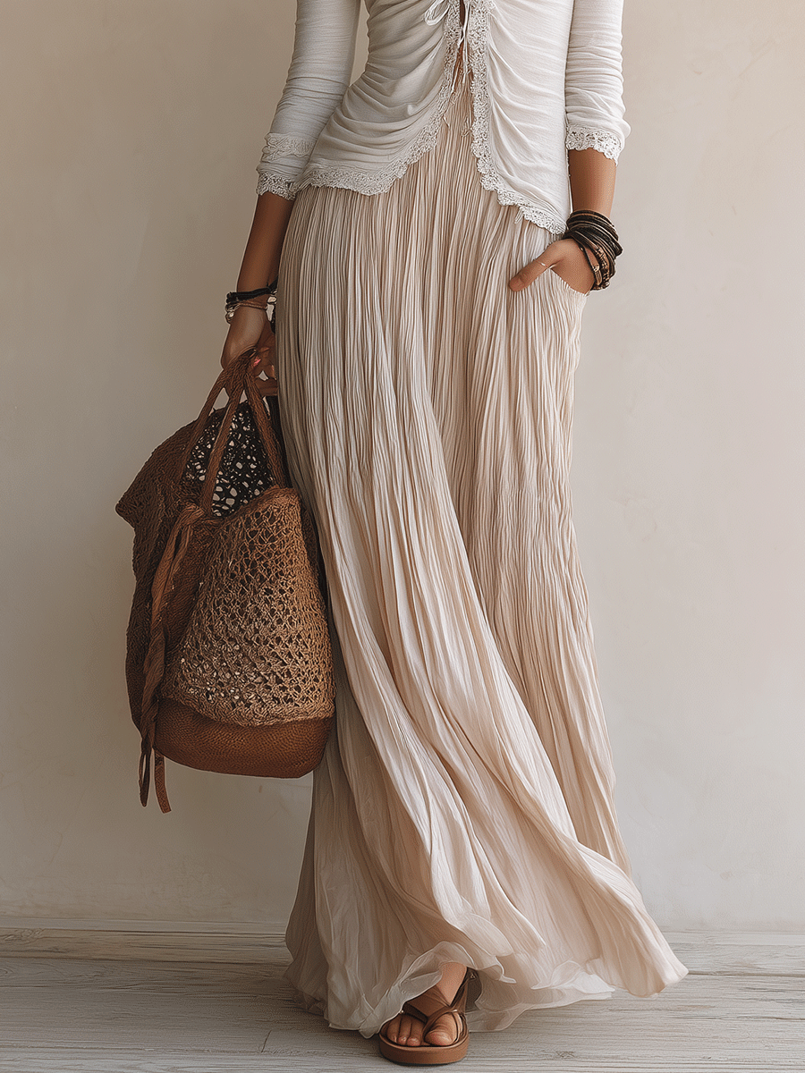 Elegant Lace Trim Coastal Cream Maxi Skirt Set