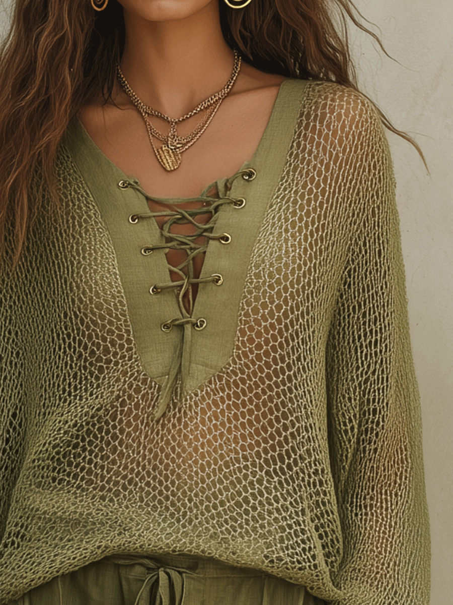 Bohemian Open-Knit Resort Olive Green Top