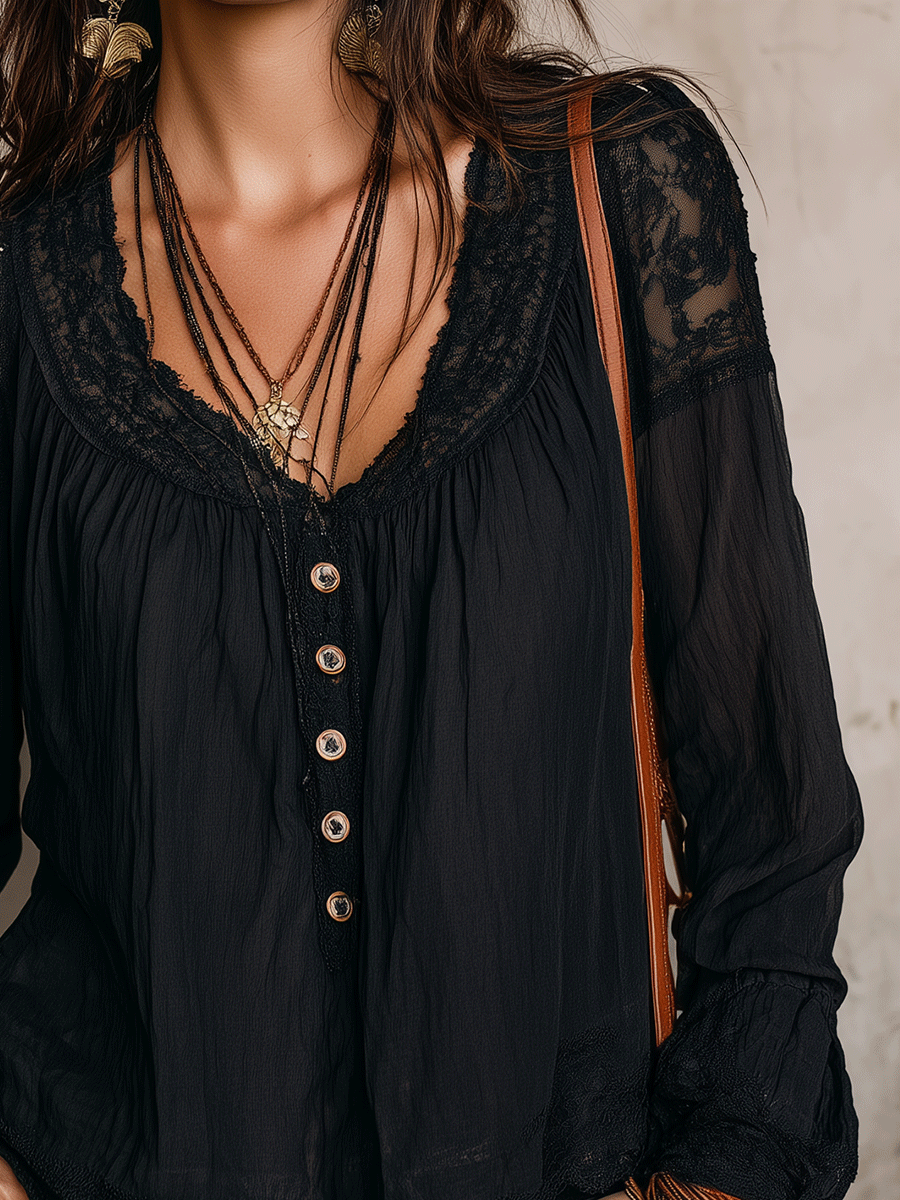 Bohemian Black Lace Bell Sleeve Blouse