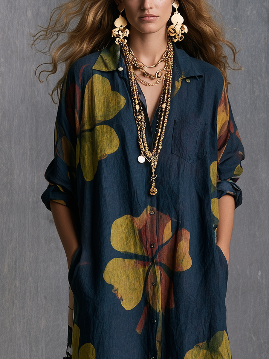 Bohemian Navy Blue Printed Shirt Dress
