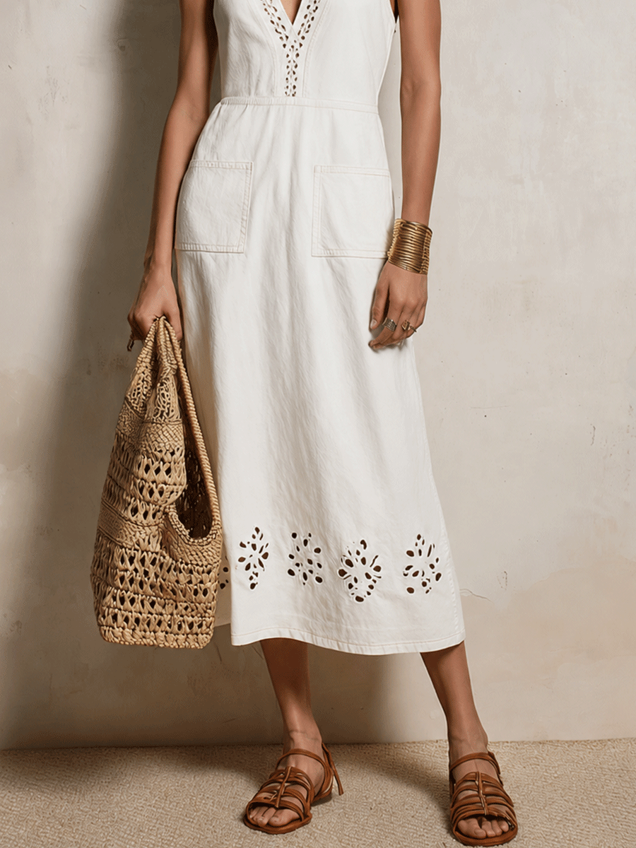 Effortless Coastal Elegance Sleeveless Eyelet Detail V-Neck Cotton Midi Dress