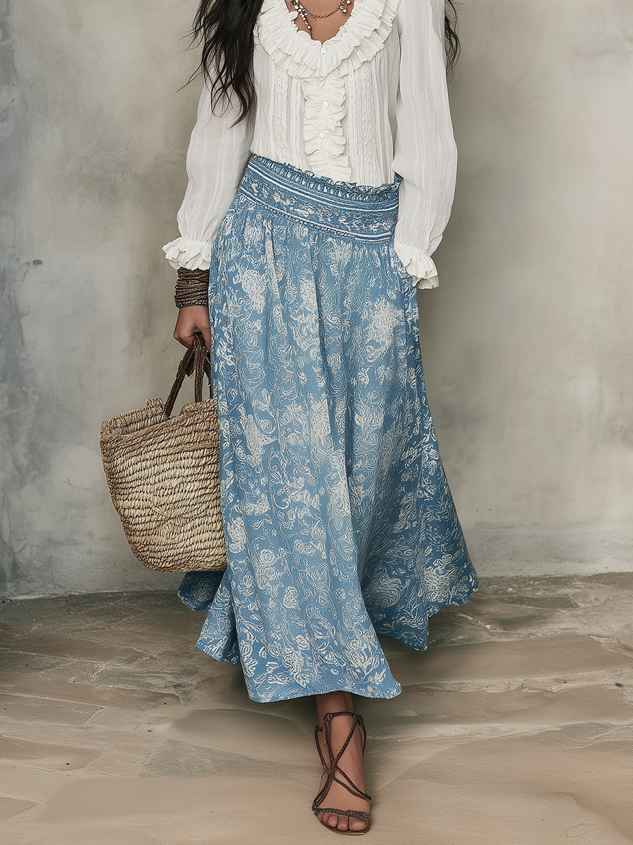 Bohemian White Ruffle Blouse & Blue Jacquard – Effortless Resort Elegance Midi Skirt