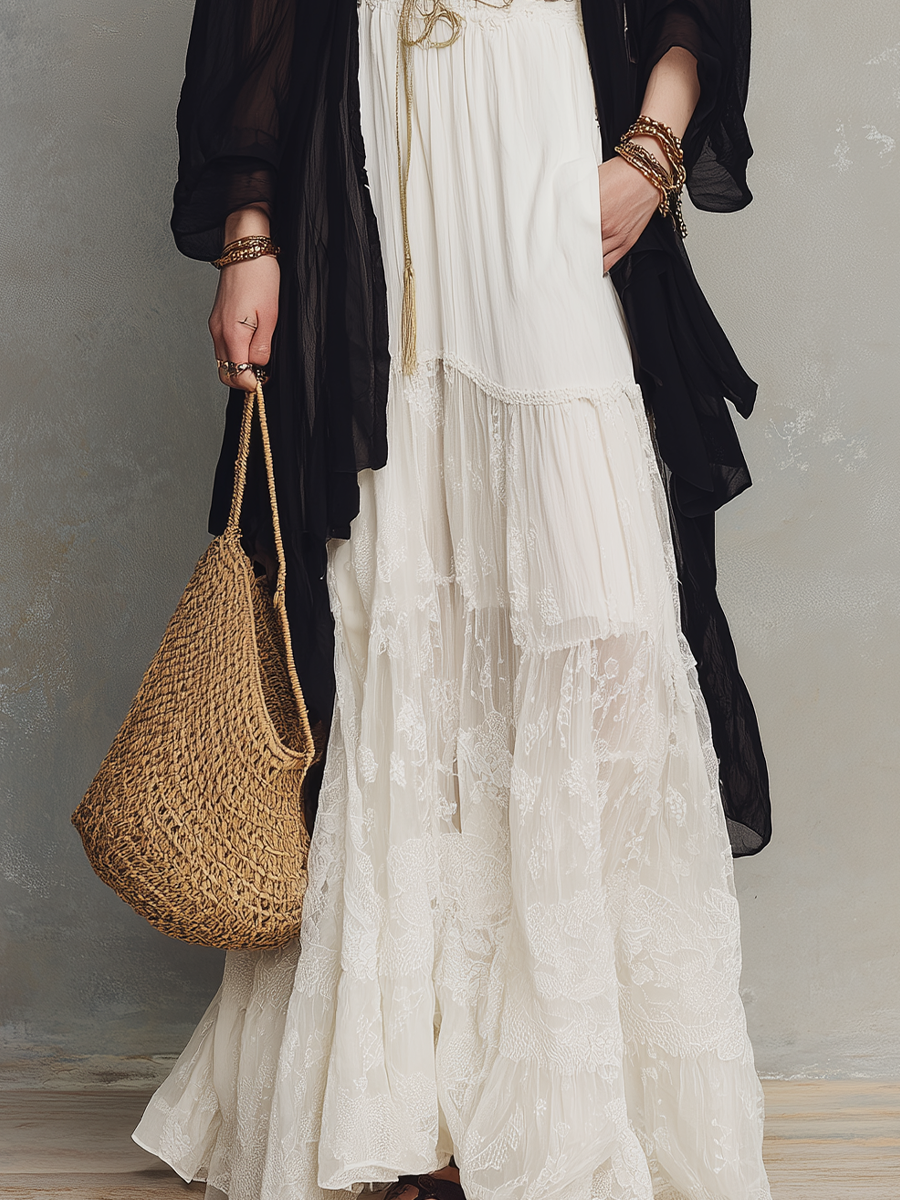 Black Sheer Duster & Ivory Lace Tiered – Modern Bohemian Elegance Maxi Skirt