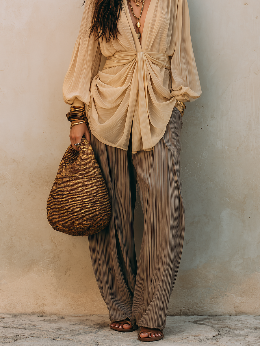 Beige Draped Blouse & Pleated – Effortless Boho Luxe Wide-Leg Pants