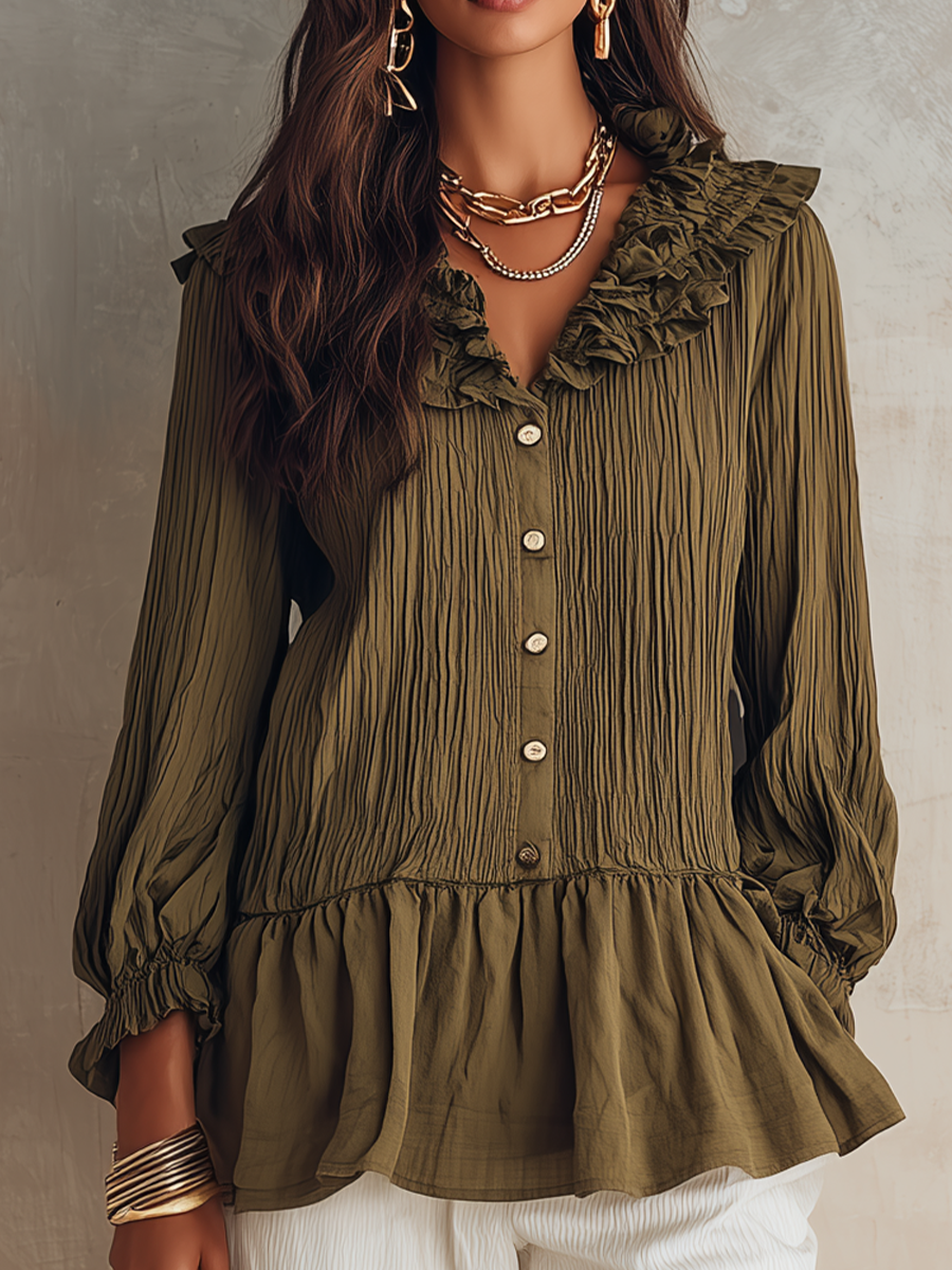Olive Ruffle Collar Button Blouse – Effortless Boho Chic Everyday Look Long-Sleeved Shirt