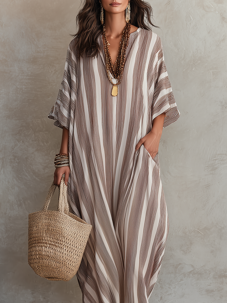 Neutral Striped Kaftan – Effortless Bohemian Resort Style Maxi Dress
