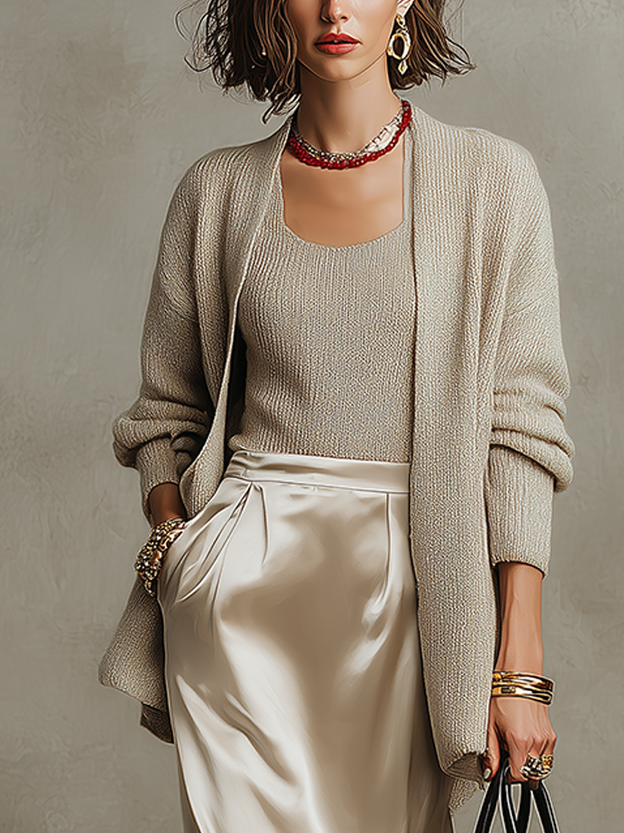 Bohemian Oatmeal Knit Top And Satin Skirt Set