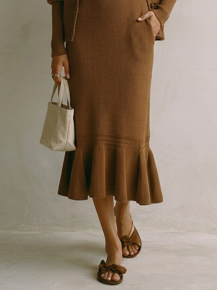 Earthy Boho Knit Cardigan & Mermaid Midi Dress Set