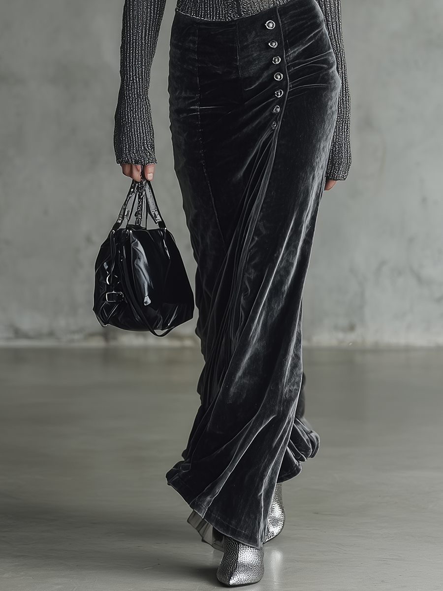 Urban Luxe Metallic Knit Top & Velvet Maxi Skirt Set