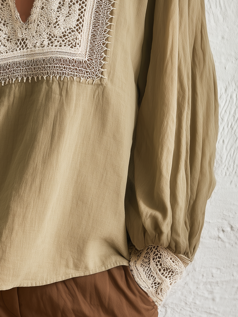 Elegant Khaki Lace Panel Blouse