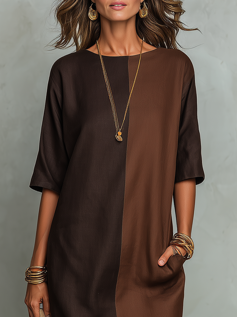 Bohemian Coffee Colored Patchwork Linen Maxi Dress
