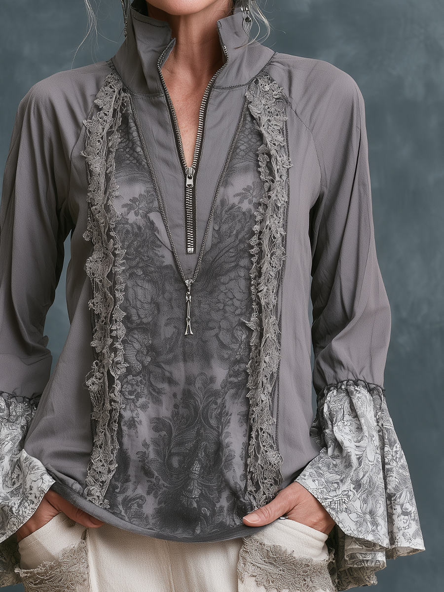 Vintage Artisan Stand Collar Embroidered Top