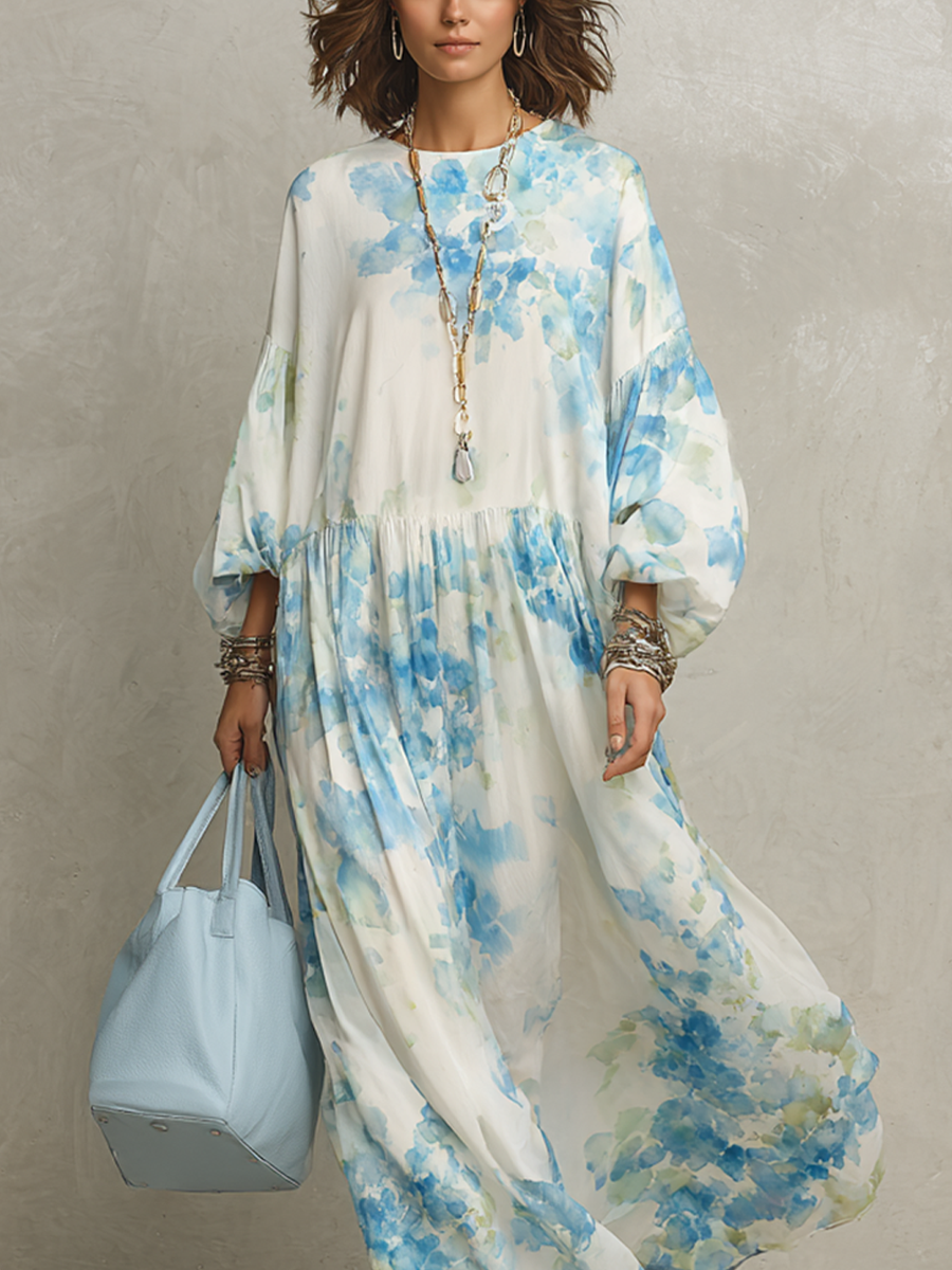 Fresh Sky Blue Watercolor Puff Sleeve Flowy Maxi Dress