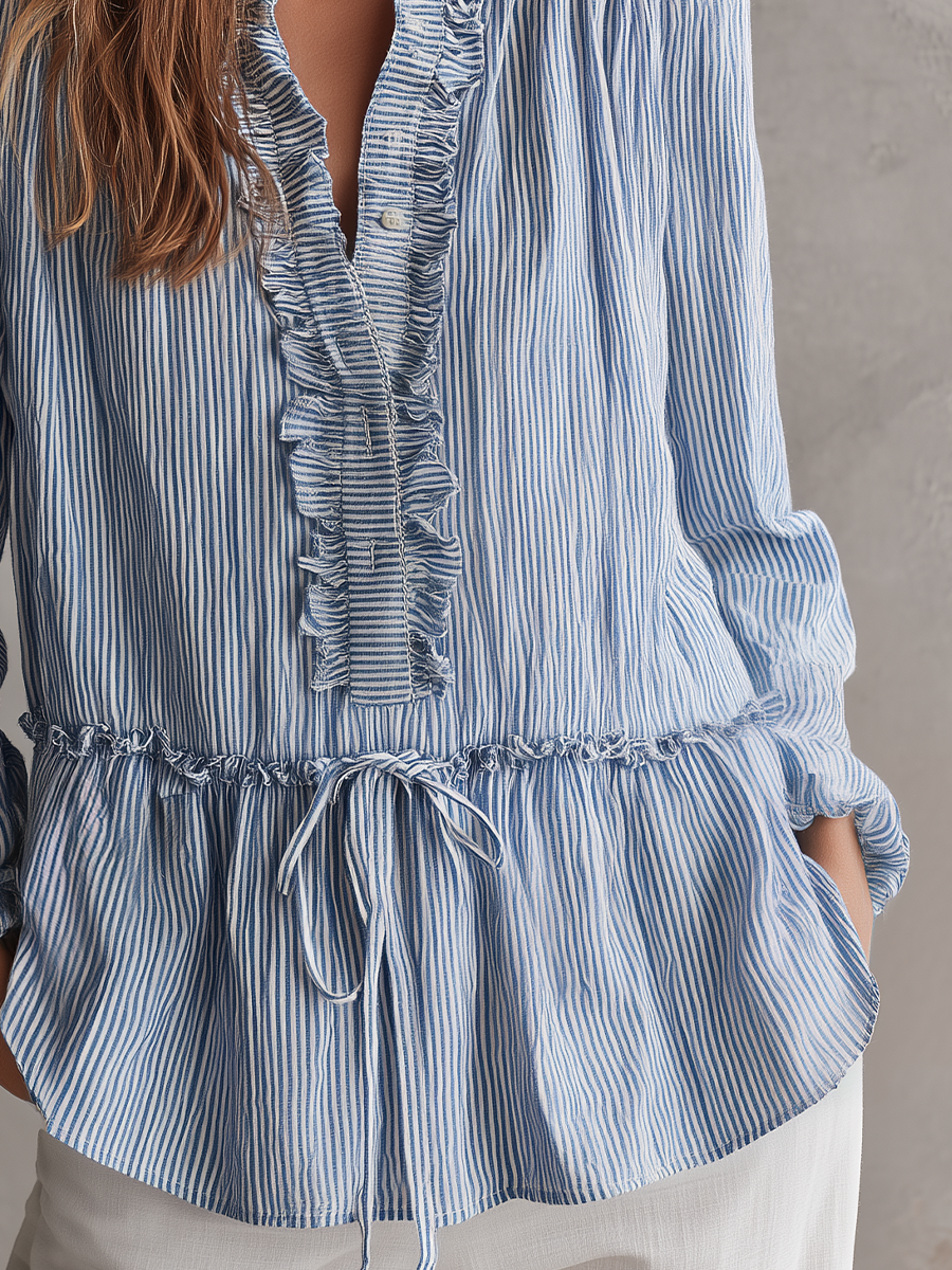Romantic Blue Striped Ruffle Blouse