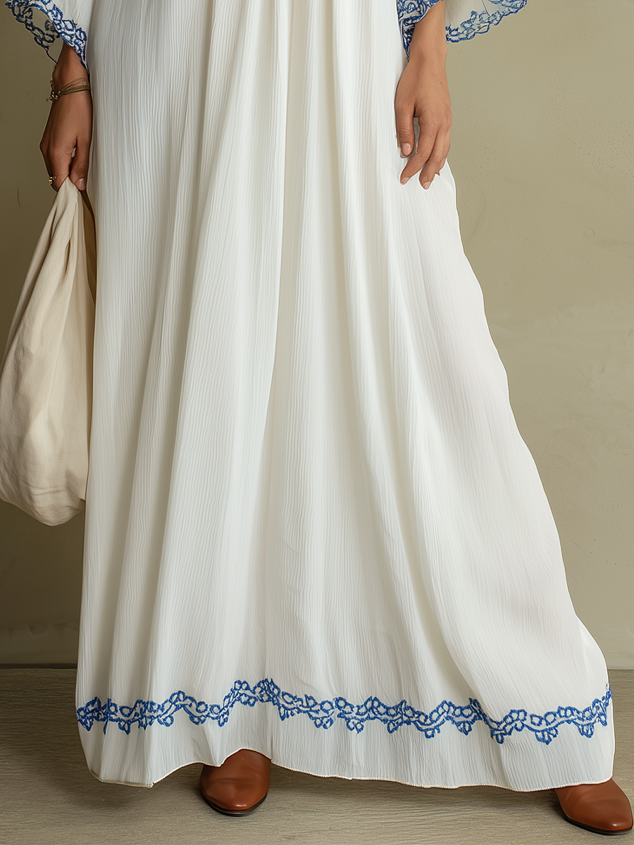 Elegant White Contrast Print Caftan Maxi Dress