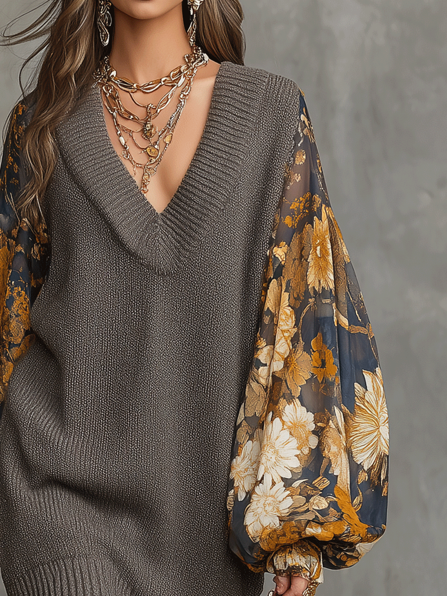 V-Neck Sweater Overlay Floral Print Balloon Sleeve Midi Dress