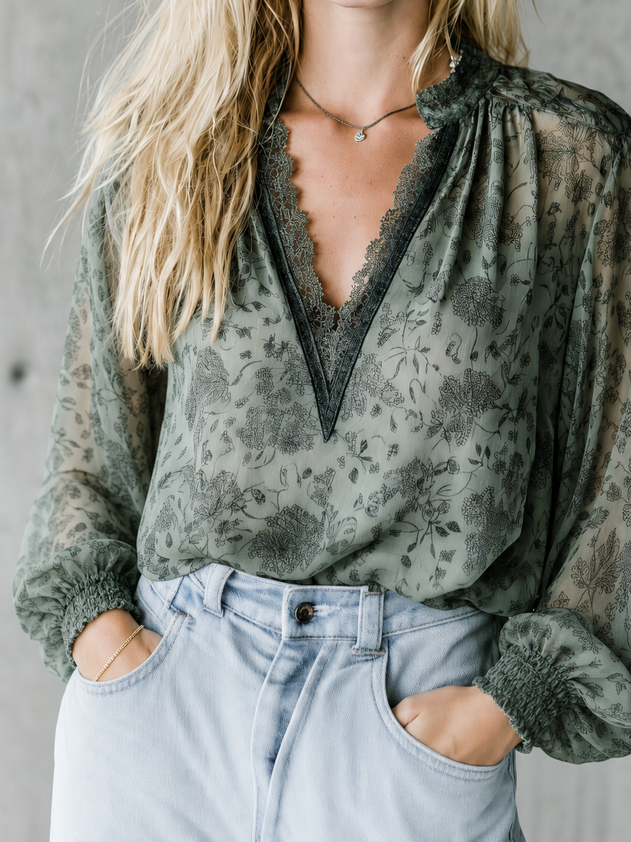 Romantic Boho Sage Floral Lace V-Neck Blouse Top