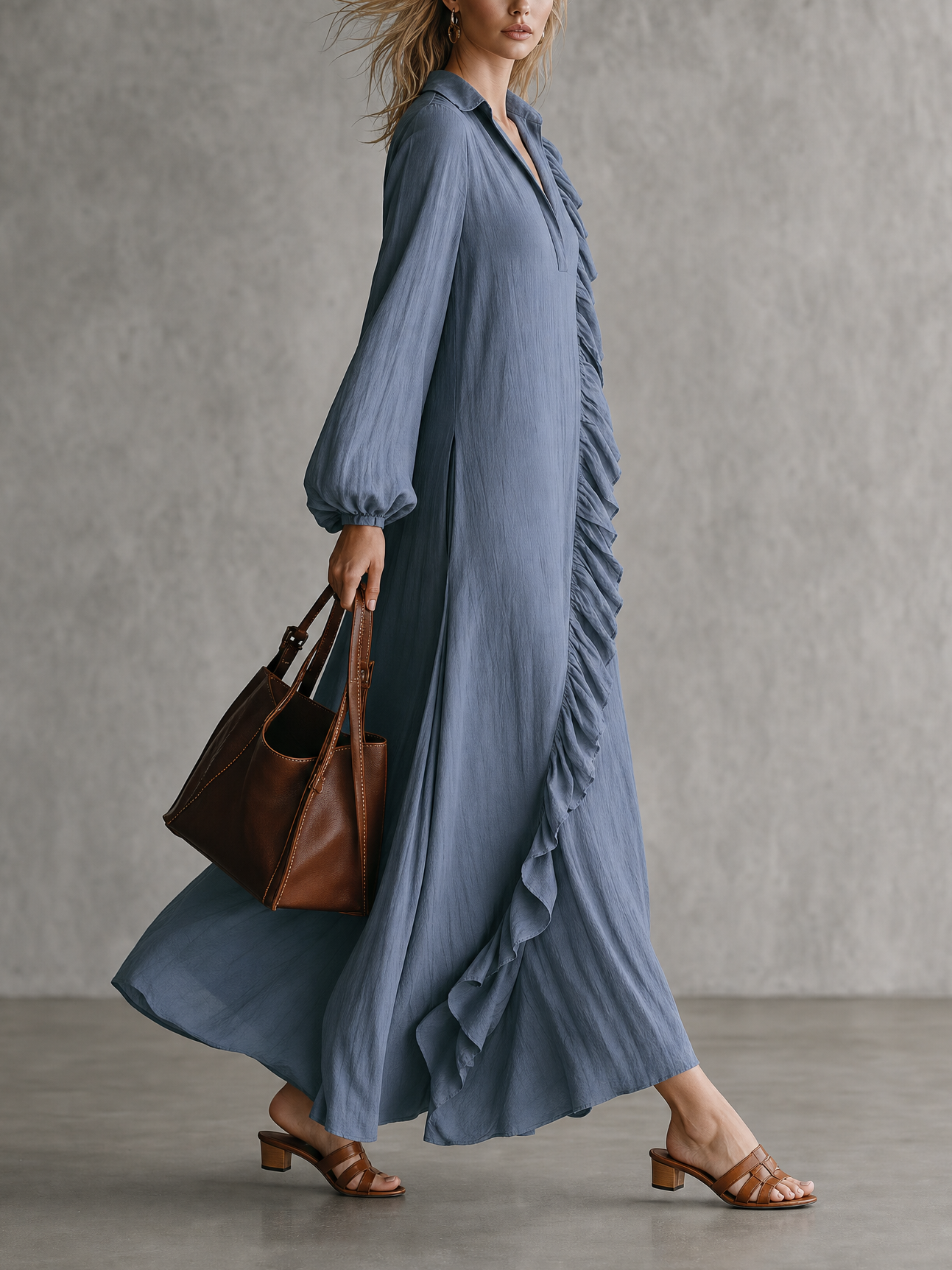 Ruffle Trim V-Neck Long Sleeve Maxi Dress
