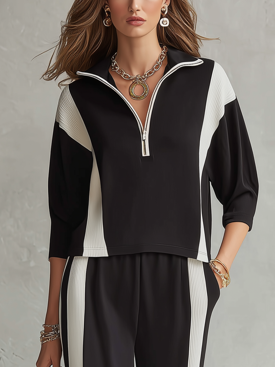Modern Black Color Block Half-Zip Lounge Set