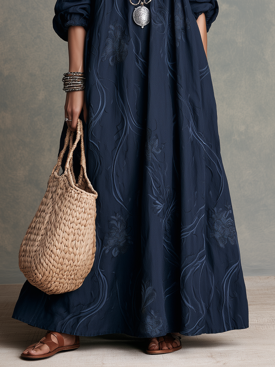 Vintage Boho Balloon Sleeve A-Line Maxi Dress
