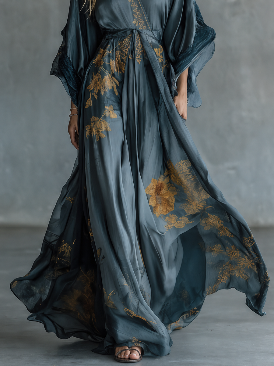 Elegant Evening Teal Floral Tie-Waist Gown Dress