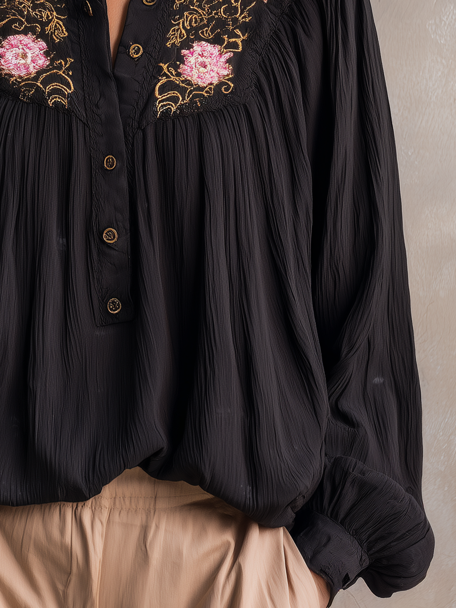 Elegant Black Floral Embroidered Blouse
