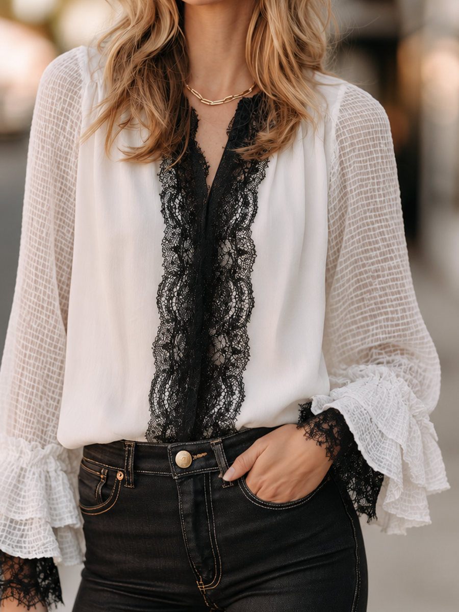 Boho Luxe Sheer Mesh Sleeve Ruffle Cuff Top