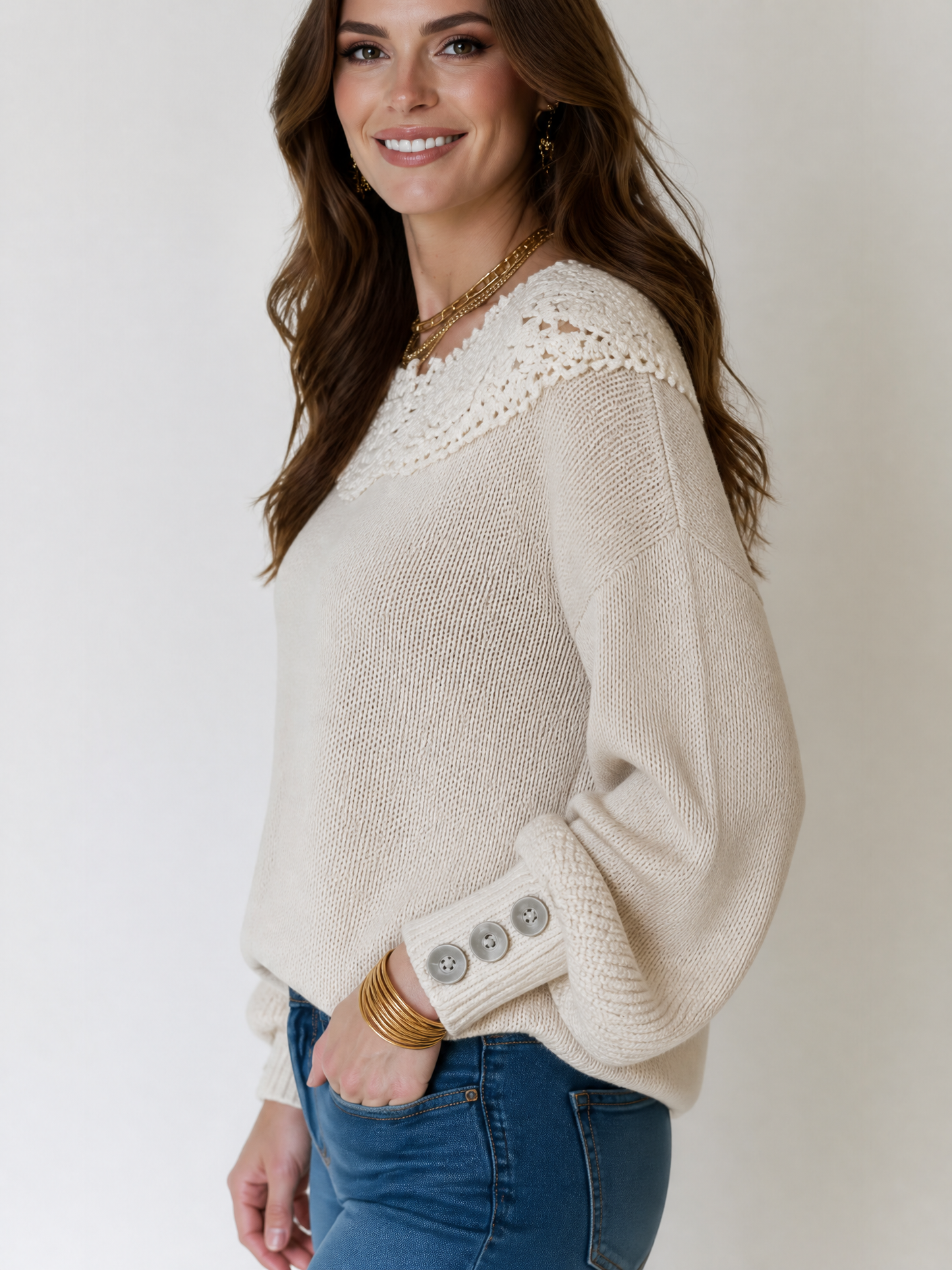 Women's Crochet Lace Trim Boat Neck Long Sleeve Sweater with Button Cuffs