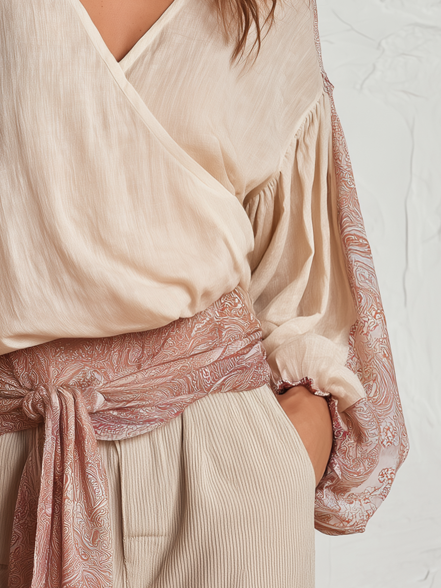 Elegant Beige Wrap Print Blouse