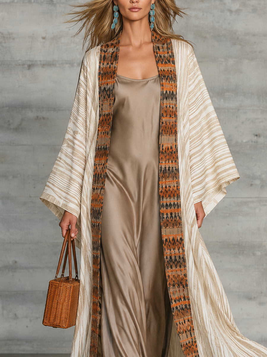 Boho Printed Kimono Cardigan with Satin Slip Maxi Dress Set