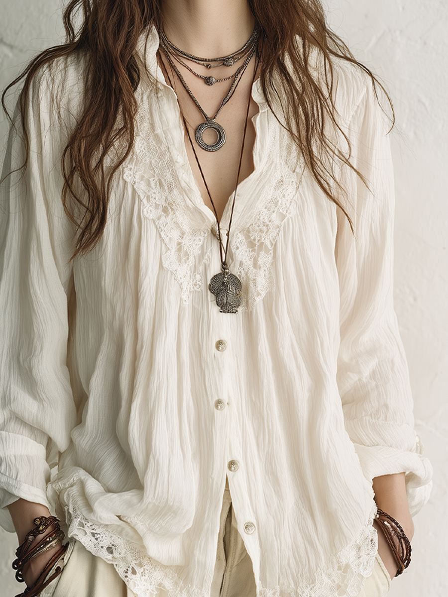 Romantic Ivory Lace Trim Blouse