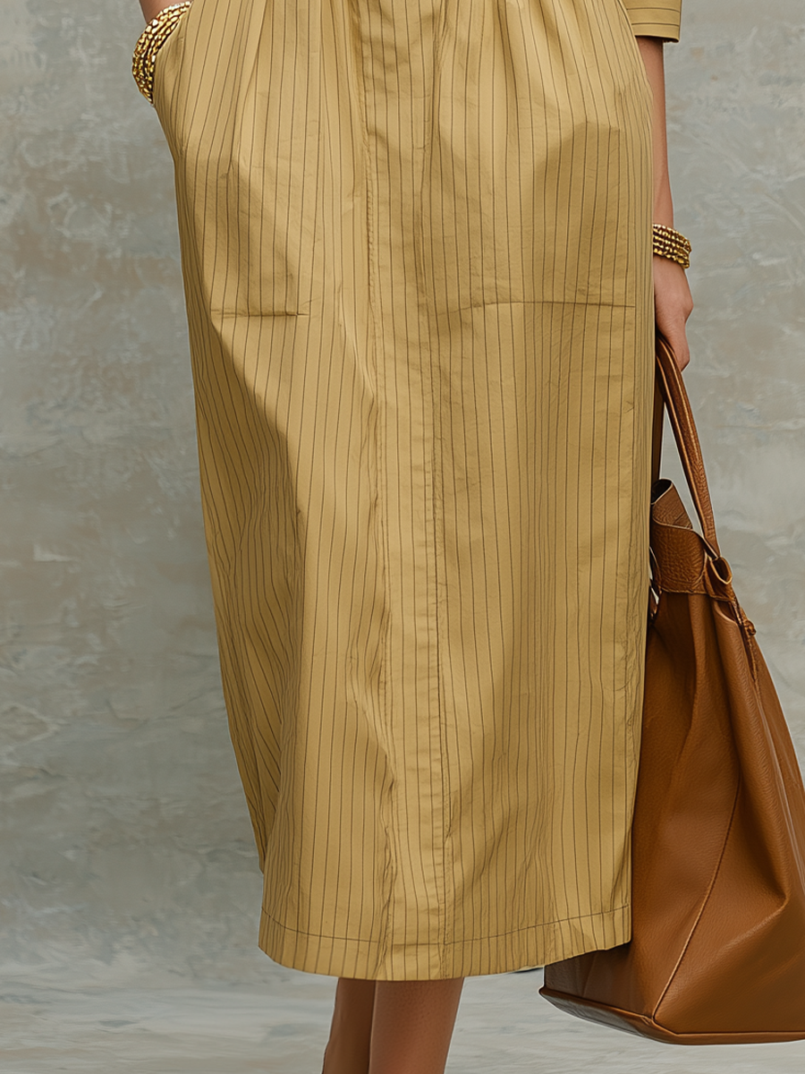 Refined Khaki Pinstripe Shirt Midi Dress