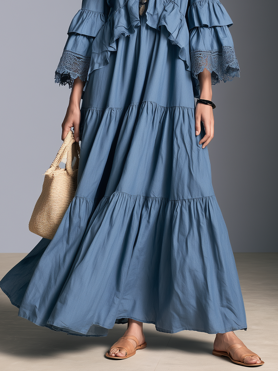 Boho Ruffle V-Neck Bell Sleeve Lace Trim Maxi Dress